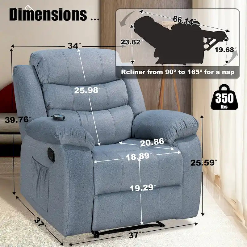 Velvet Wall Hugger Recliner Chair with Massage, Heat & Timer