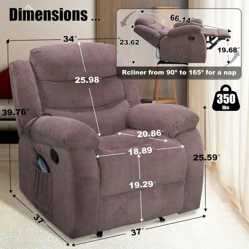 Velvet Wall Hugger Recliner Chair with Massage, Heat & Timer