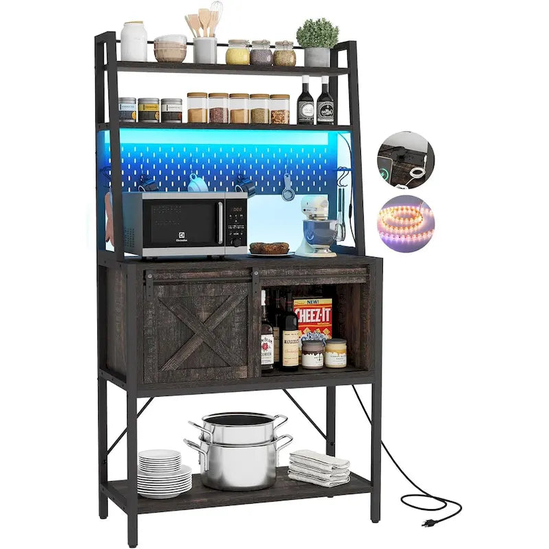 Iron & Wood 5-Tier Baker's Rack with LED Light, Sliding Door & Power Outlet