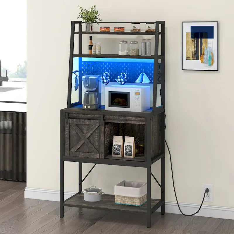 Iron & Wood 5-Tier Baker's Rack with LED Light, Sliding Door & Power Outlet