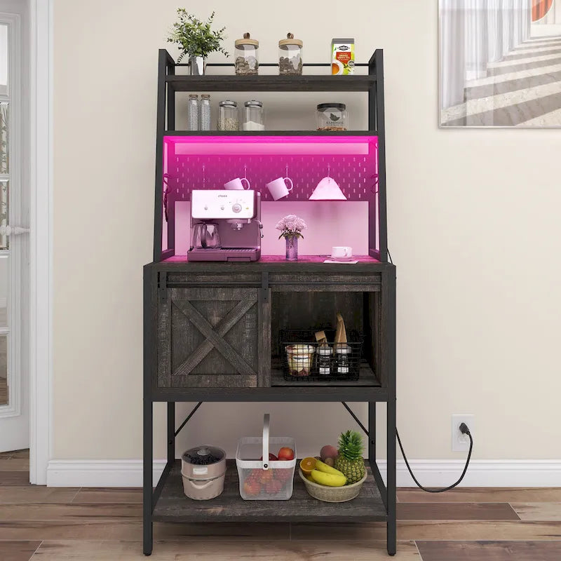 Iron & Wood 5-Tier Baker's Rack with LED Light, Sliding Door & Power Outlet