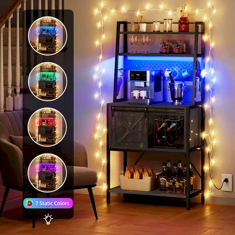 Iron & Wood 5-Tier Baker's Rack with LED Light, Sliding Door & Power Outlet