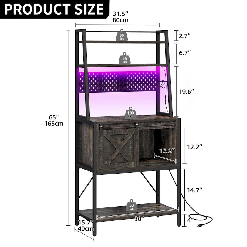 Iron & Wood 5-Tier Baker's Rack with LED Light, Sliding Door & Power Outlet