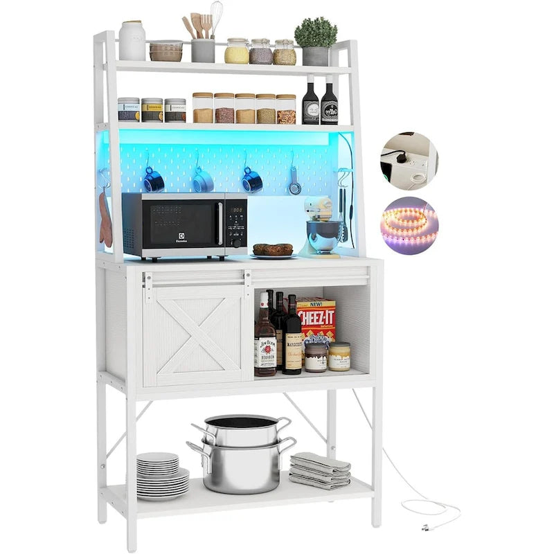 Iron & Wood 5-Tier Baker's Rack with LED Light, Sliding Door & Power Outlet