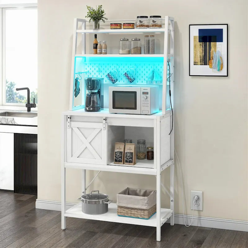 Iron & Wood 5-Tier Baker's Rack with LED Light, Sliding Door & Power Outlet