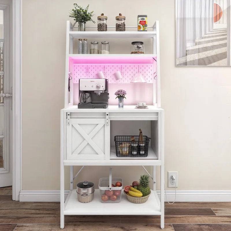 Iron & Wood 5-Tier Baker's Rack with LED Light, Sliding Door & Power Outlet
