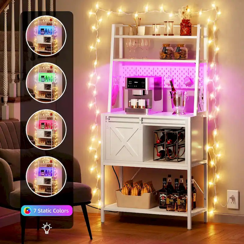 Iron & Wood 5-Tier Baker's Rack with LED Light, Sliding Door & Power Outlet