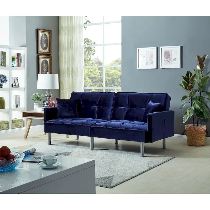 Velvet & Metal Leg Mid-Century Convertible Sofa Sleeper 75"