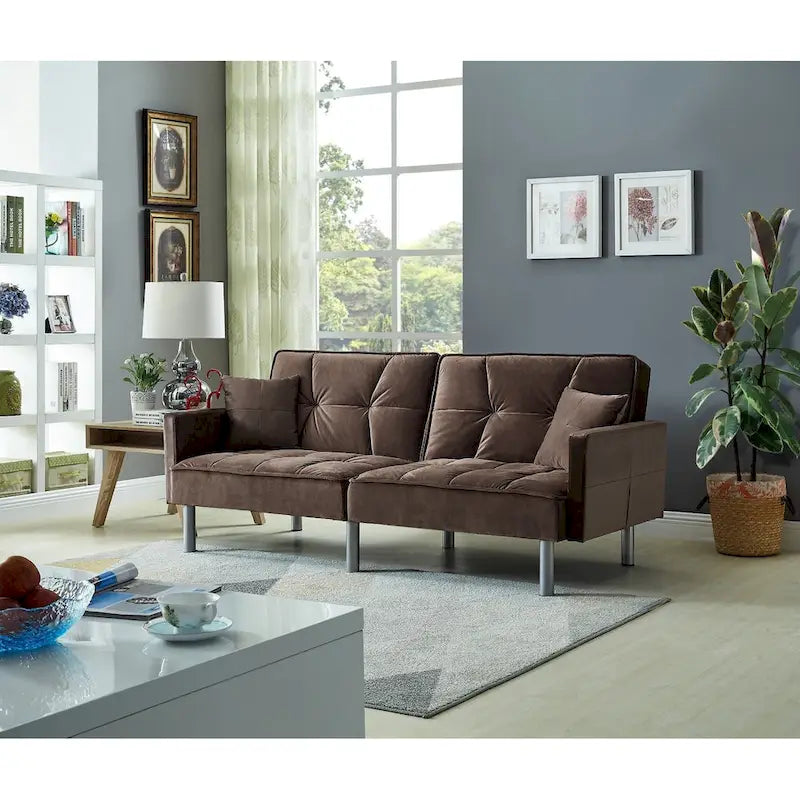 Velvet & Metal Leg Mid-Century Convertible Sofa Sleeper 75"