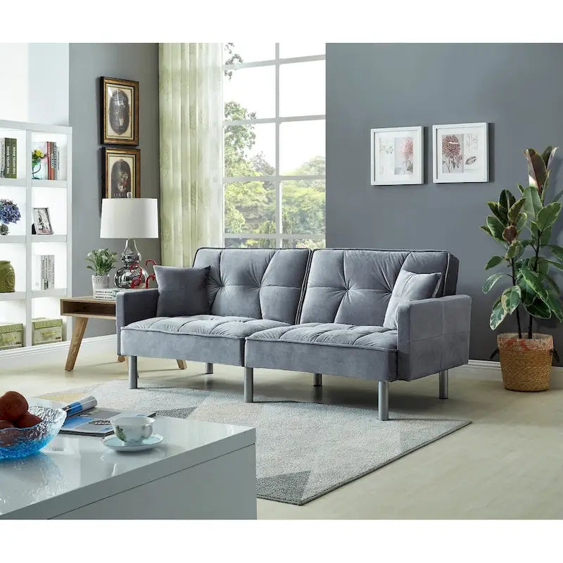 Velvet & Metal Leg Mid-Century Convertible Sofa Sleeper 75"
