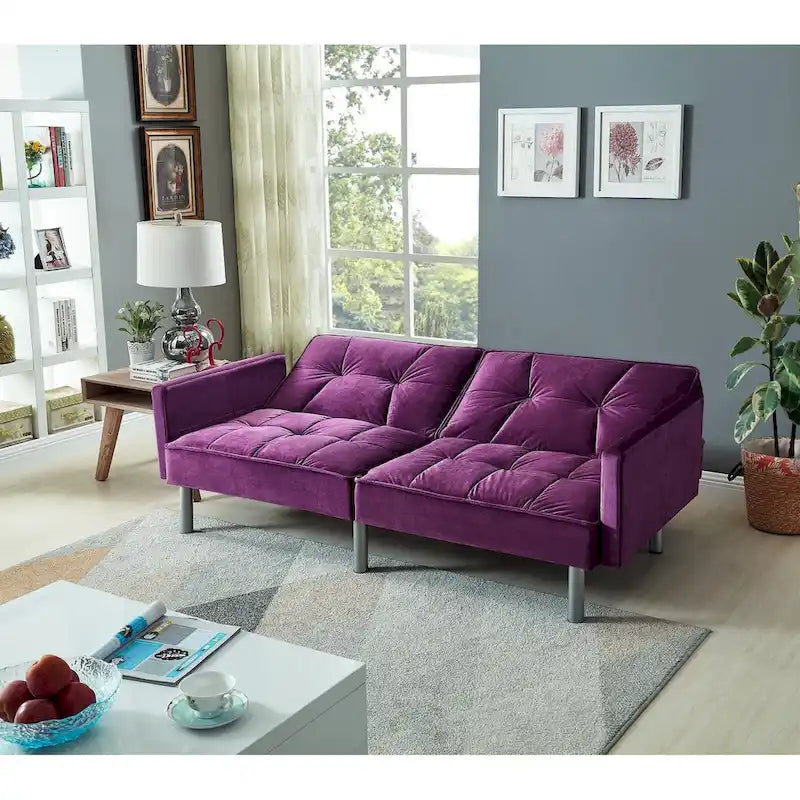 Velvet & Metal Leg Mid-Century Convertible Sofa Sleeper 75"