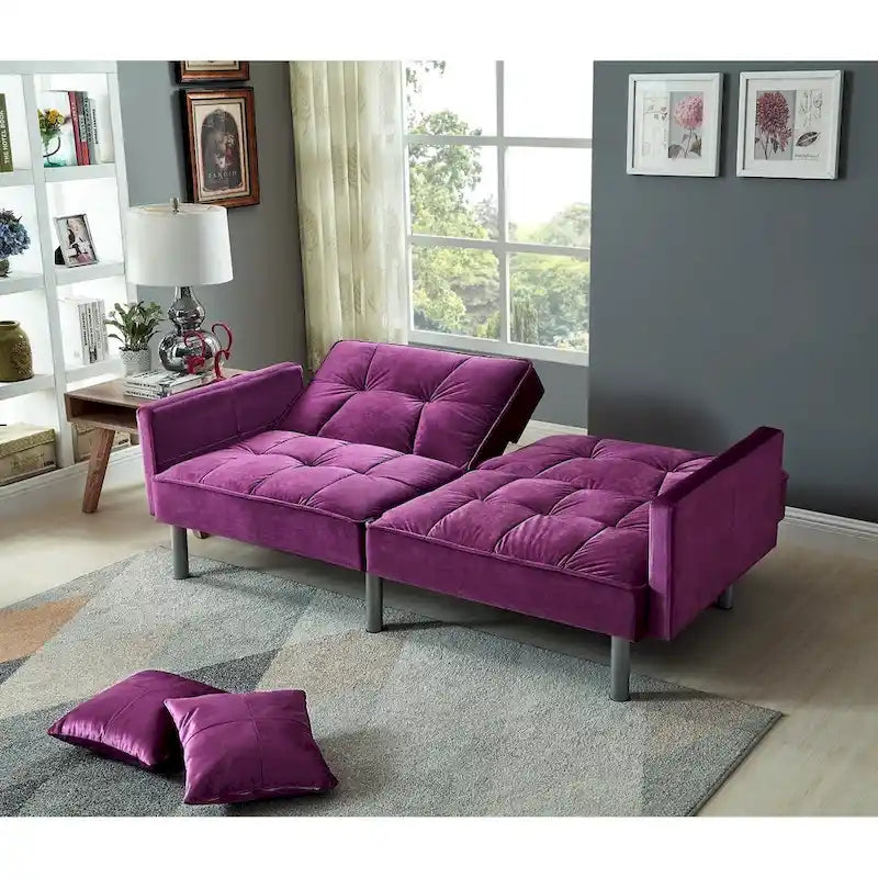 Velvet & Metal Leg Mid-Century Convertible Sofa Sleeper 75"