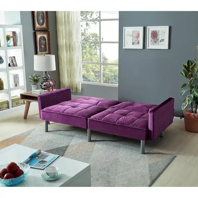 Velvet & Metal Leg Mid-Century Convertible Sofa Sleeper 75"