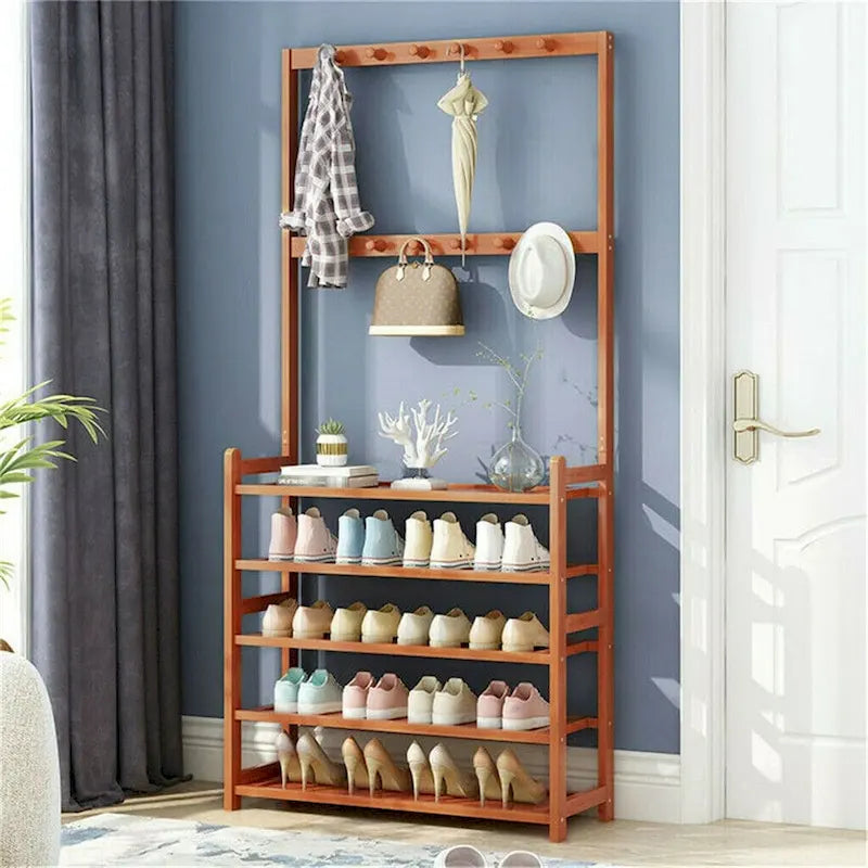 Bamboo Entryway Shoe Rack with 8 Hooks & Multi-Tier Shelves 72"