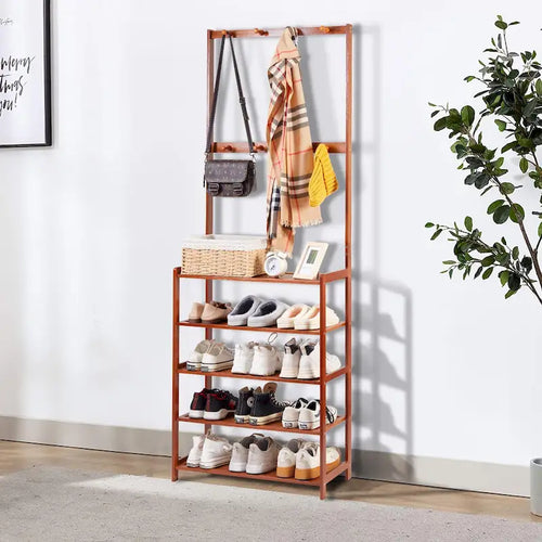 Bamboo Entryway Shoe Rack with 8 Hooks & Multi-Tier Shelves 72"