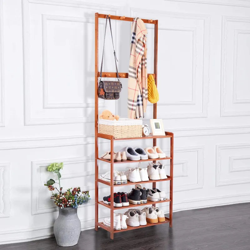 Bamboo Entryway Shoe Rack with 8 Hooks & Multi-Tier Shelves 72"