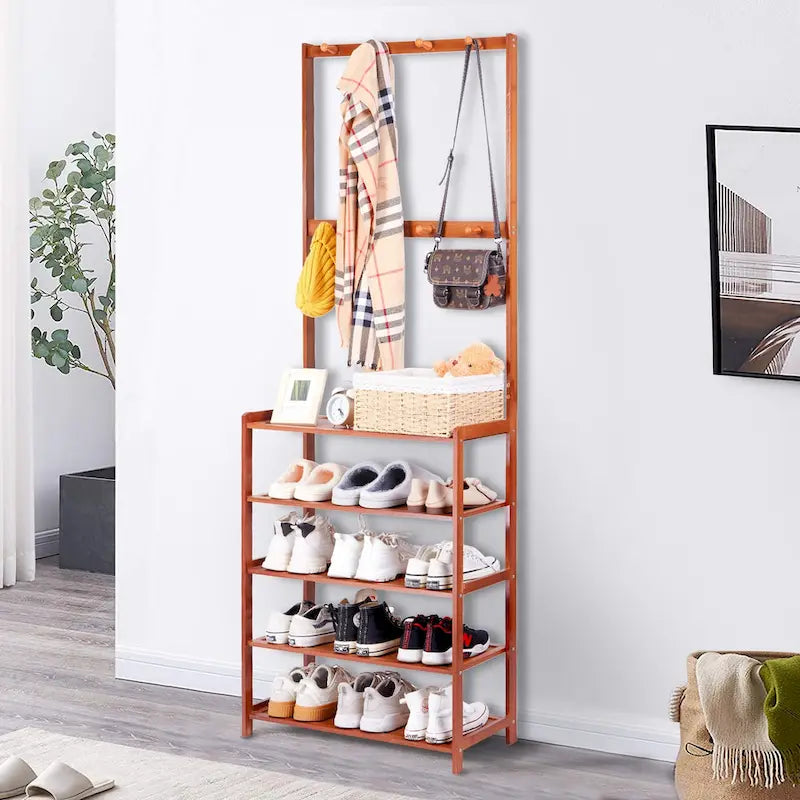 Bamboo Entryway Shoe Rack with 8 Hooks & Multi-Tier Shelves 72"
