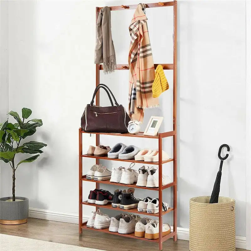 Bamboo Entryway Shoe Rack with 8 Hooks & Multi-Tier Shelves 72"