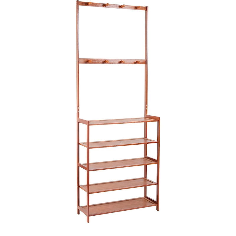 Bamboo Entryway Shoe Rack with 8 Hooks & Multi-Tier Shelves 72"