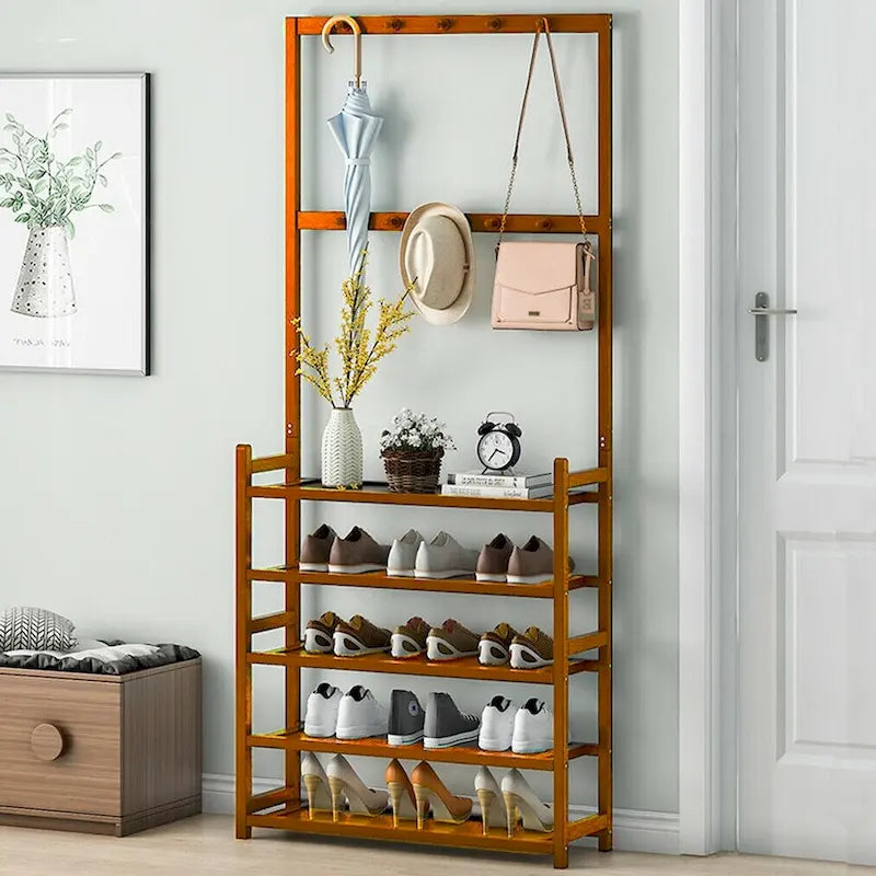 Bamboo Entryway Shoe Rack with 8 Hooks & Multi-Tier Shelves 72"