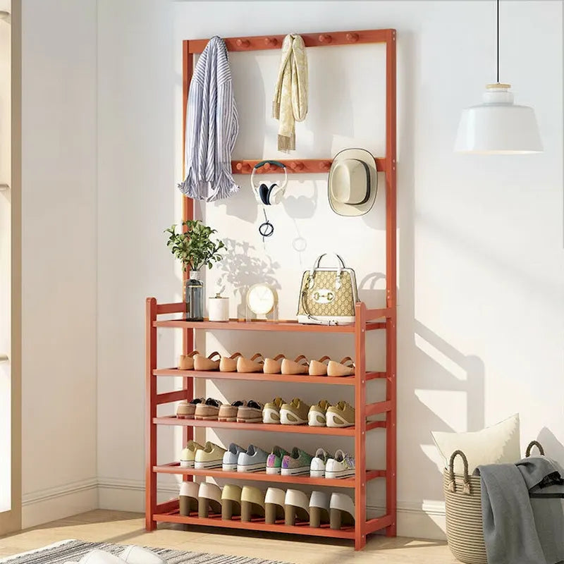 Bamboo Entryway Shoe Rack with 8 Hooks & Multi-Tier Shelves 72"
