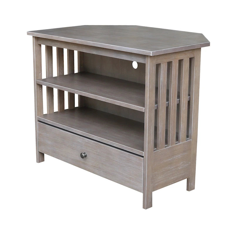 Solid Hardwood Mission Corner TV Stand with Drawer & Shelves