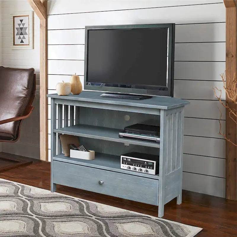 Solid Hardwood Mission Corner TV Stand with Drawer & Shelves