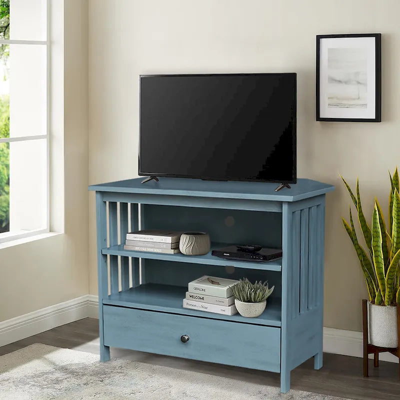 Solid Hardwood Mission Corner TV Stand with Drawer & Shelves