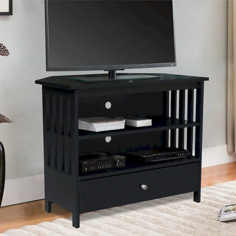 Solid Hardwood Mission Corner TV Stand with Drawer & Shelves