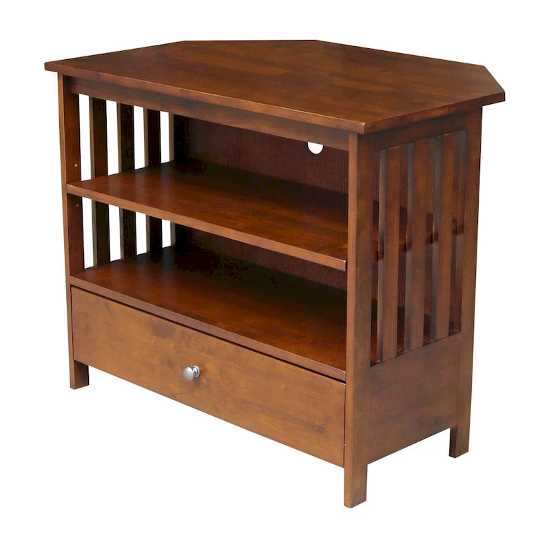 Solid Hardwood Mission Corner TV Stand with Drawer & Shelves