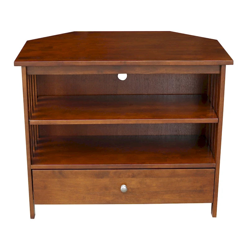 Solid Hardwood Mission Corner TV Stand with Drawer & Shelves
