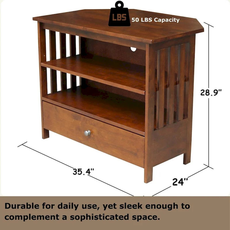 Solid Hardwood Mission Corner TV Stand with Drawer & Shelves