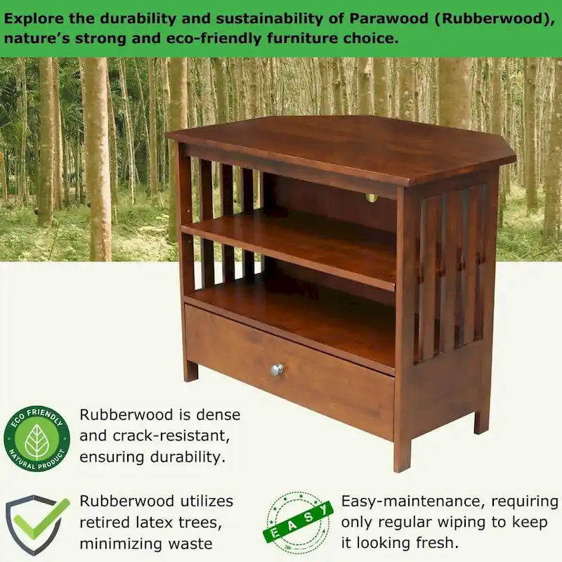 Solid Hardwood Mission Corner TV Stand with Drawer & Shelves