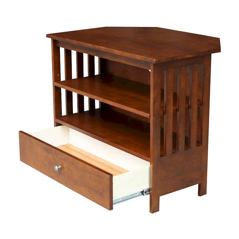 Solid Hardwood Mission Corner TV Stand with Drawer & Shelves
