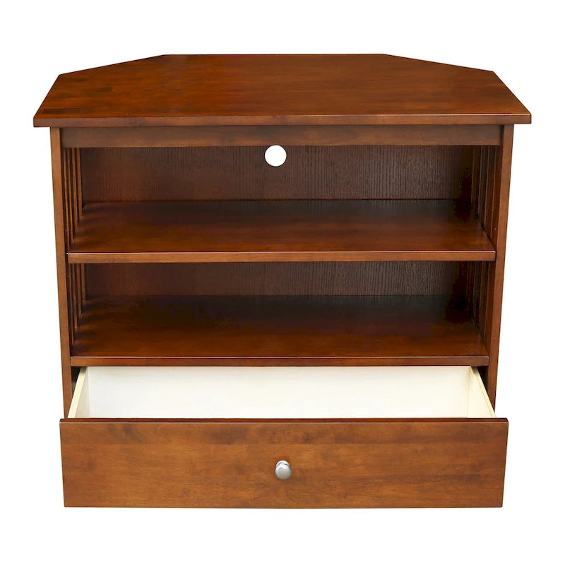 Solid Hardwood Mission Corner TV Stand with Drawer & Shelves