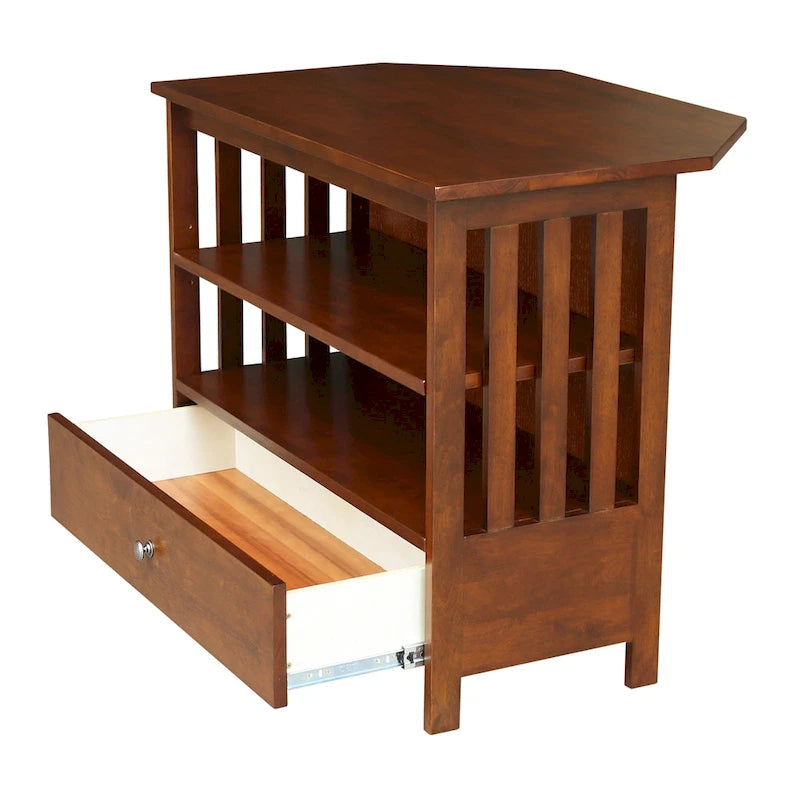 Solid Hardwood Mission Corner TV Stand with Drawer & Shelves