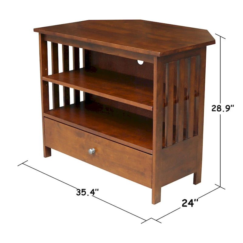 Solid Hardwood Mission Corner TV Stand with Drawer & Shelves