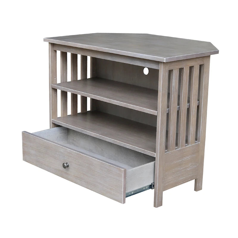 Solid Hardwood Mission Corner TV Stand with Drawer & Shelves