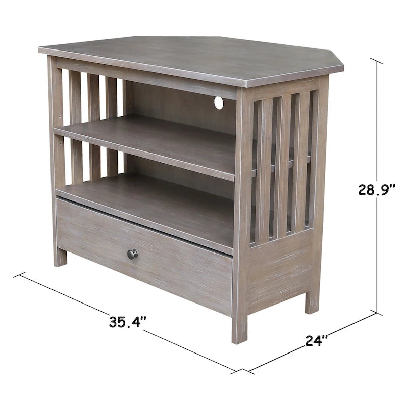 Solid Hardwood Mission Corner TV Stand with Drawer & Shelves