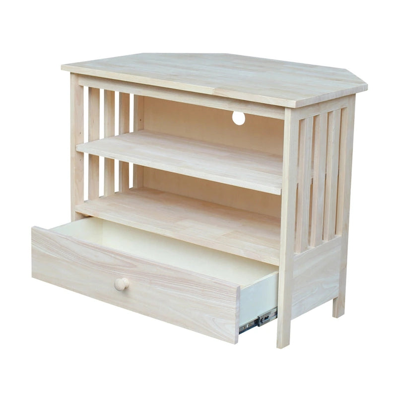 Solid Hardwood Mission Corner TV Stand with Drawer & Shelves