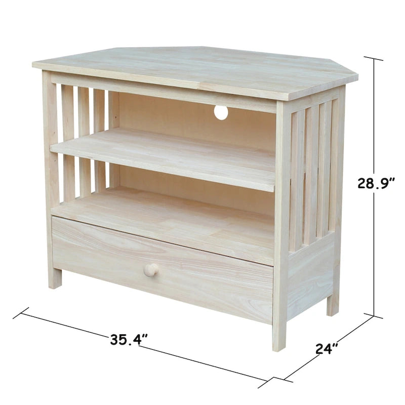Solid Hardwood Mission Corner TV Stand with Drawer & Shelves