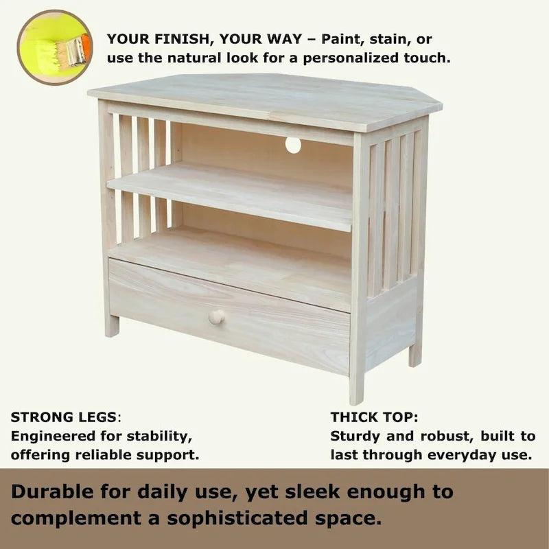 Solid Hardwood Mission Corner TV Stand with Drawer & Shelves