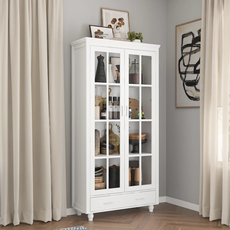 White Glass Door Bookcase & Display Cabinet with Drawer