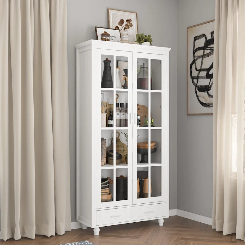White Glass Door Bookcase & Display Cabinet with Drawer