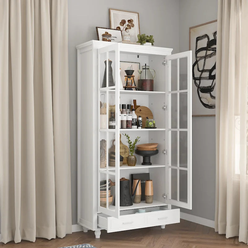 White Glass Door Bookcase & Display Cabinet with Drawer