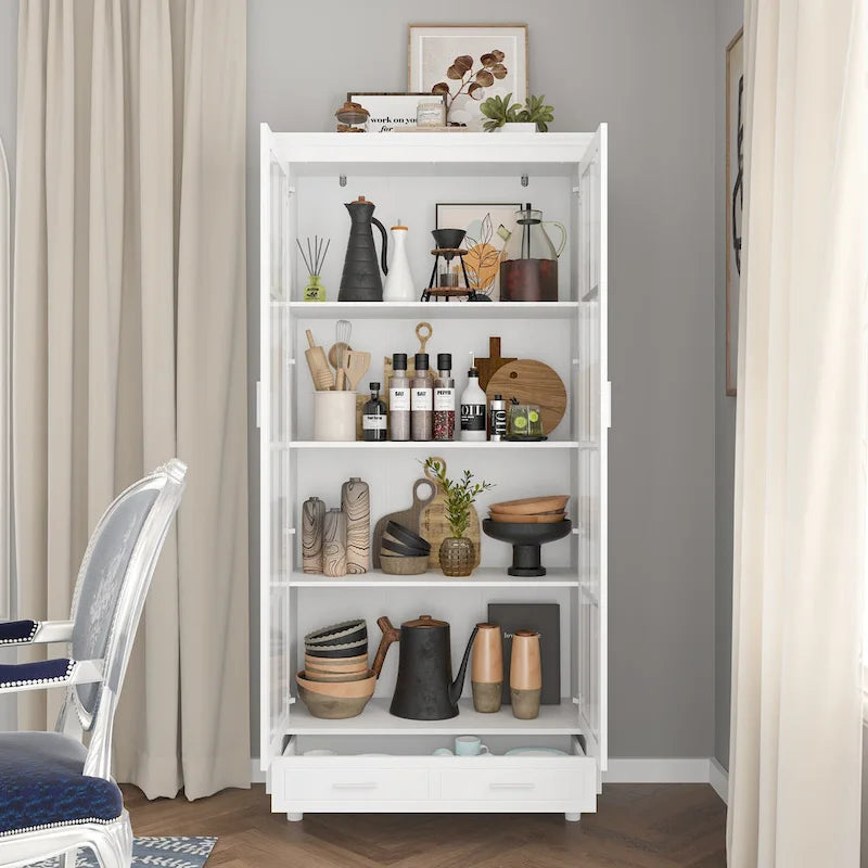 White Glass Door Bookcase & Display Cabinet with Drawer