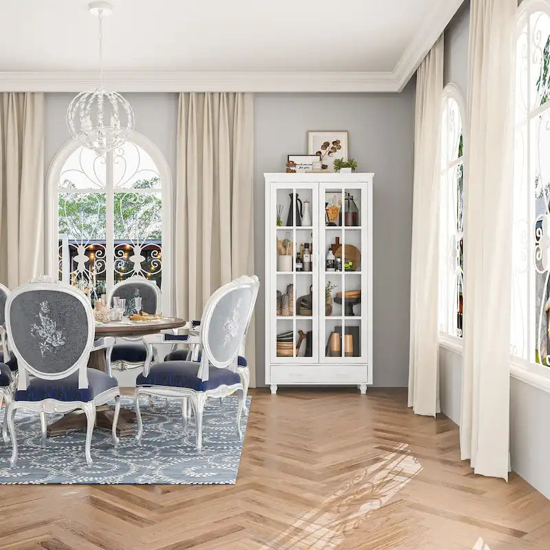 White Glass Door Bookcase & Display Cabinet with Drawer