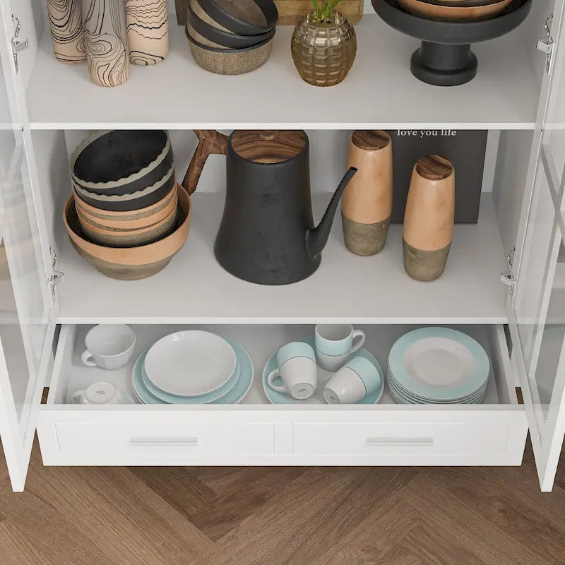 White Glass Door Bookcase & Display Cabinet with Drawer