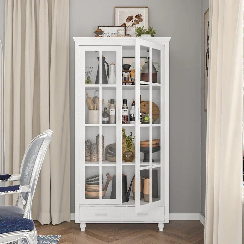 White Glass Door Bookcase & Display Cabinet with Drawer