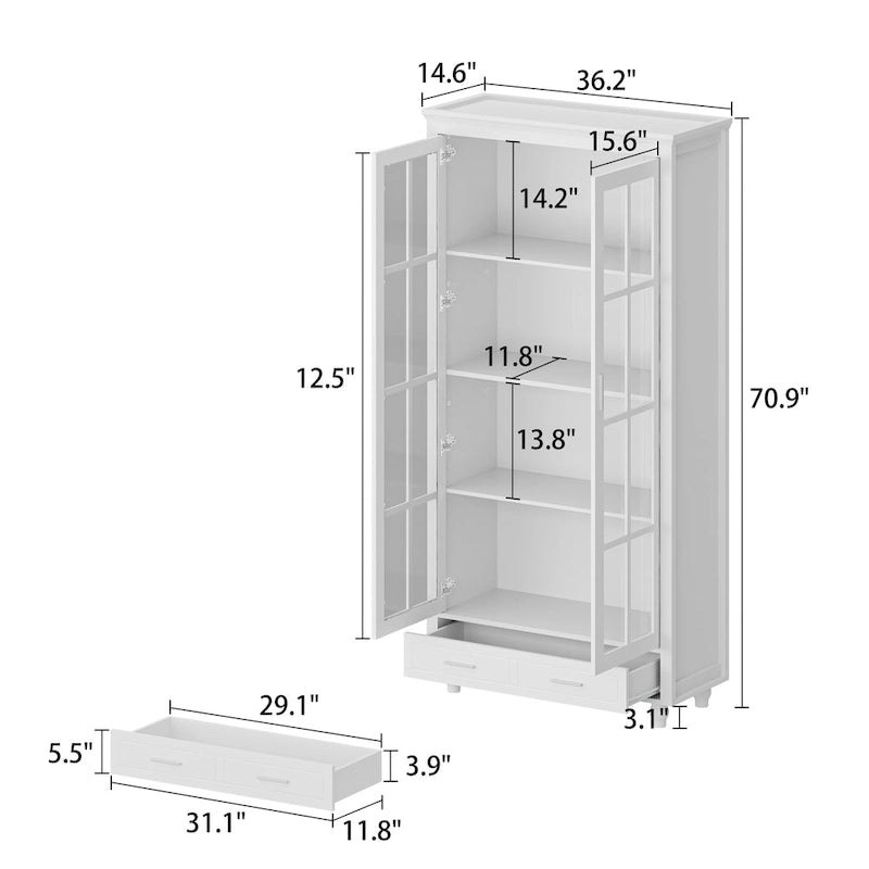 White Glass Door Bookcase & Display Cabinet with Drawer